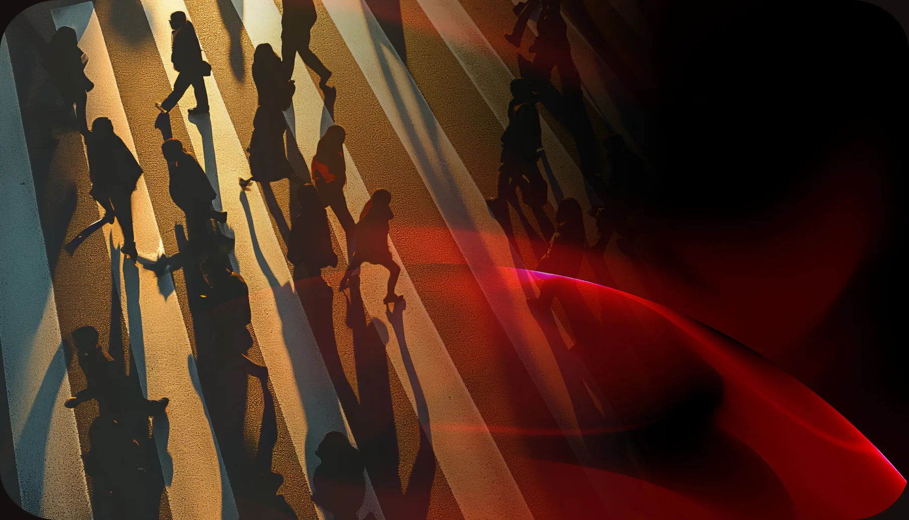 Peatones caminando por la ciudad con el trazo rojo de la marca Auren